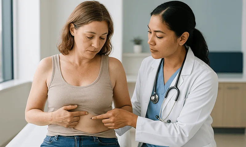 Doctor explaining breast examination to a woman patient in clinic.