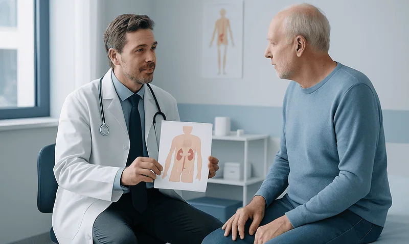 Doctor explaining kidney location to patient with body diagram.