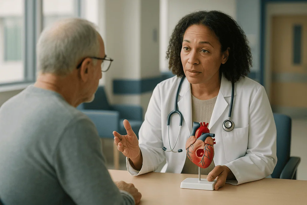Female cardiologist consulting elderly male patient with heart model: Where do clots form in the heart, and why does locatio