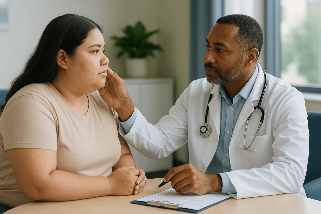 Doctor consulting with patient at desk — Where does cheek fullness really come from?