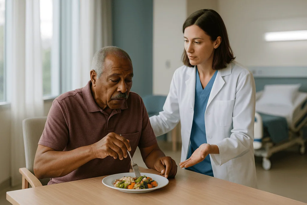 Healthcare provider with patient eating meal at table: Where does rehab happen? Inpatient, outpatient and home settings comp