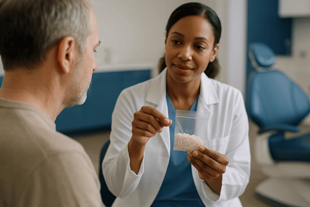 Healthcare provider showing grain sample to male patient: Where does the graft material come from?