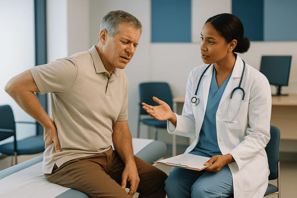 Doctor consulting patient about back pain in clinic: Where facet joint pain actually comes from