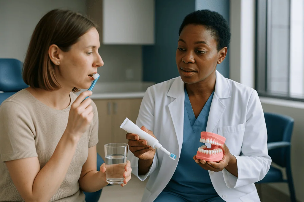 Dentist consulting patient about fluoride and dental care: Where fluoride comes from: water, toothpaste, and professional ap