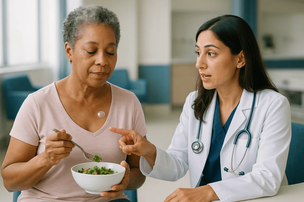 Doctor counseling patient about healthy diet nutrition: Where is a chemo port placed, and why the upper chest
