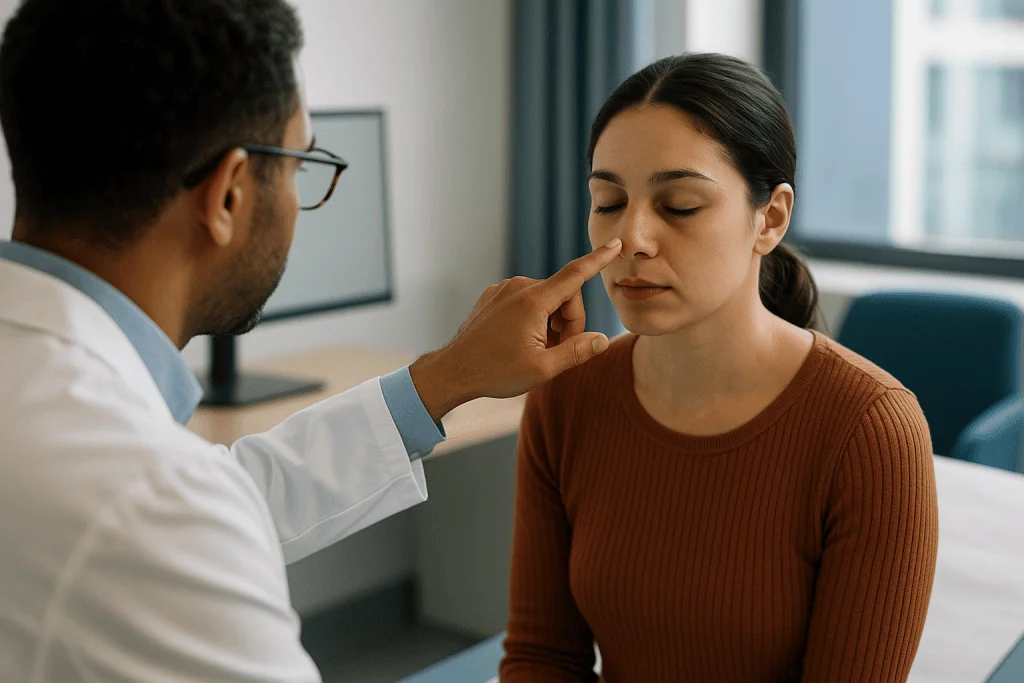Doctor examining patient's nose during consultation — Where rhinoplasty bruising actually comes from