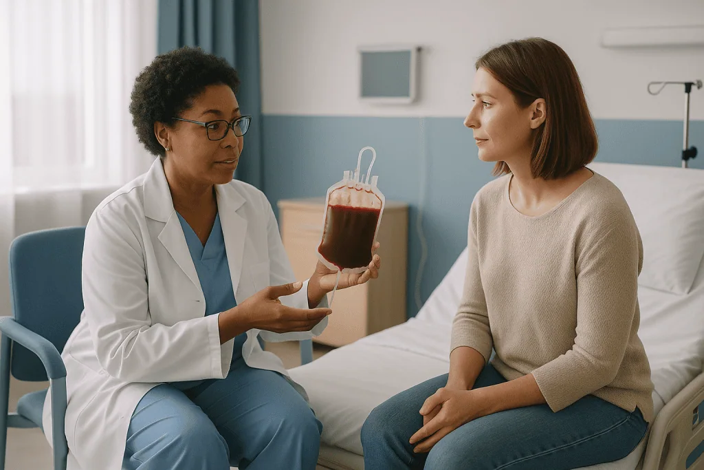 Doctor showing blood bag to patient in hospital room: Where the cells come from: marrow, blood or cord