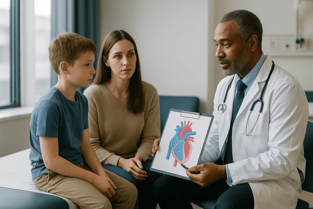 Doctor explaining heart anatomy to child and mother: Where the extracardiac Fontan sits in the three-stage pathway