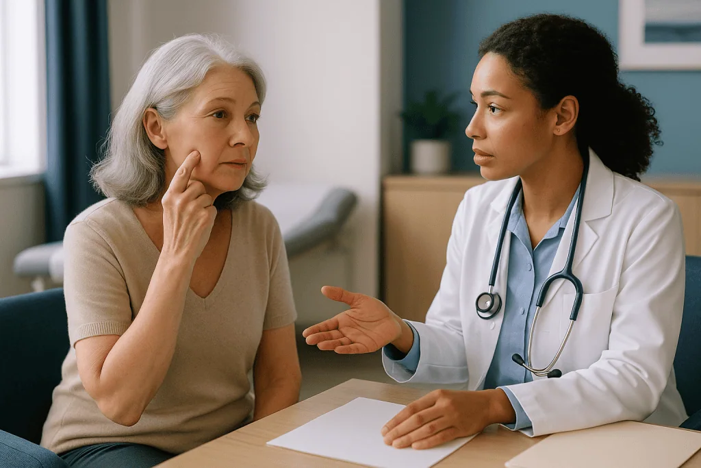 Female patient consulting with female doctor at desk: Where the facial fat goes, and where it turns up