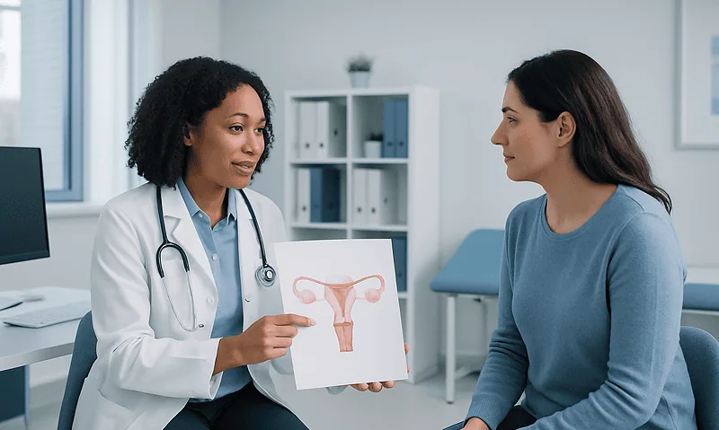 Gynecologist explaining uterus diagram to patient in consultation room.