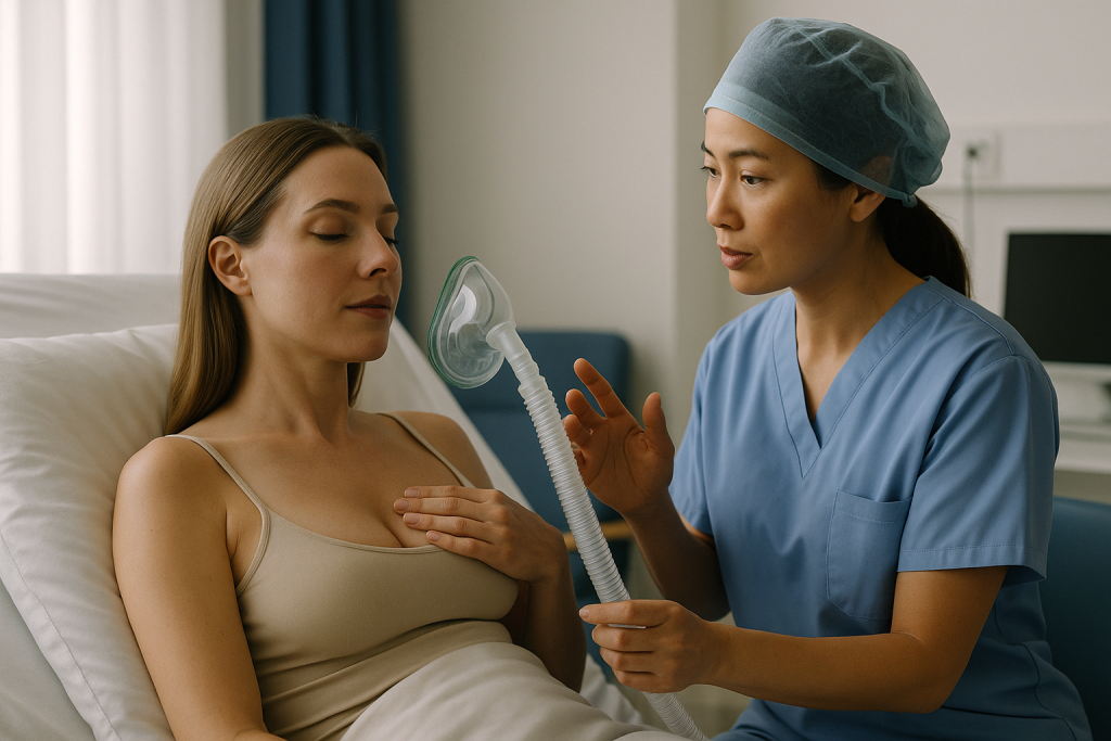 Healthcare provider instructing patient on respiratory equipment: Where twilight anesthesia for breast augmentation and smal