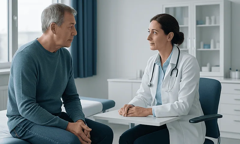 Doctor consulting with a male patient in a medical office setting.