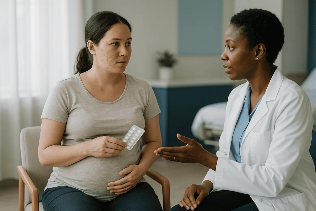 Pregnant woman consulting with female dermatologist about medication: Which acne medicines are stopped or avoided in pregnan