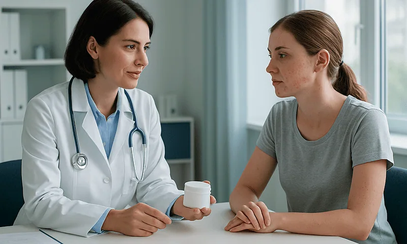 Doctor consulting with a patient about medication in a medical office.