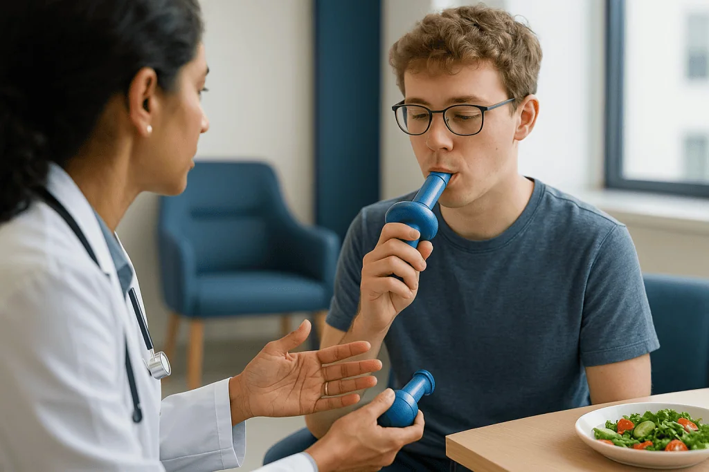 Doctor consulting patient using inhalers during appointment: Which airway clearance method suits which person?