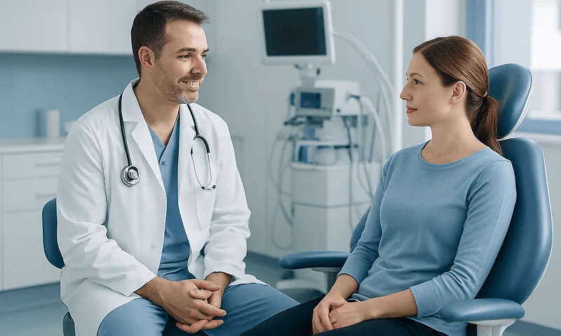 Doctor consulting with a patient in a modern medical office.