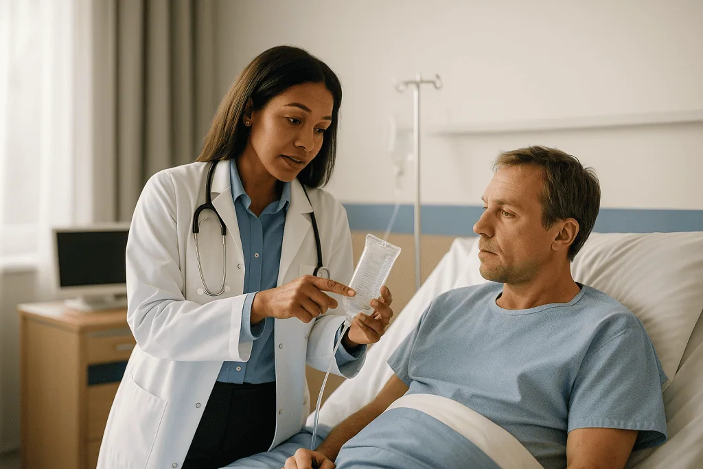 Doctor consulting patient in hospital room: Which antimicrobials are used, and why do they change over the stay?