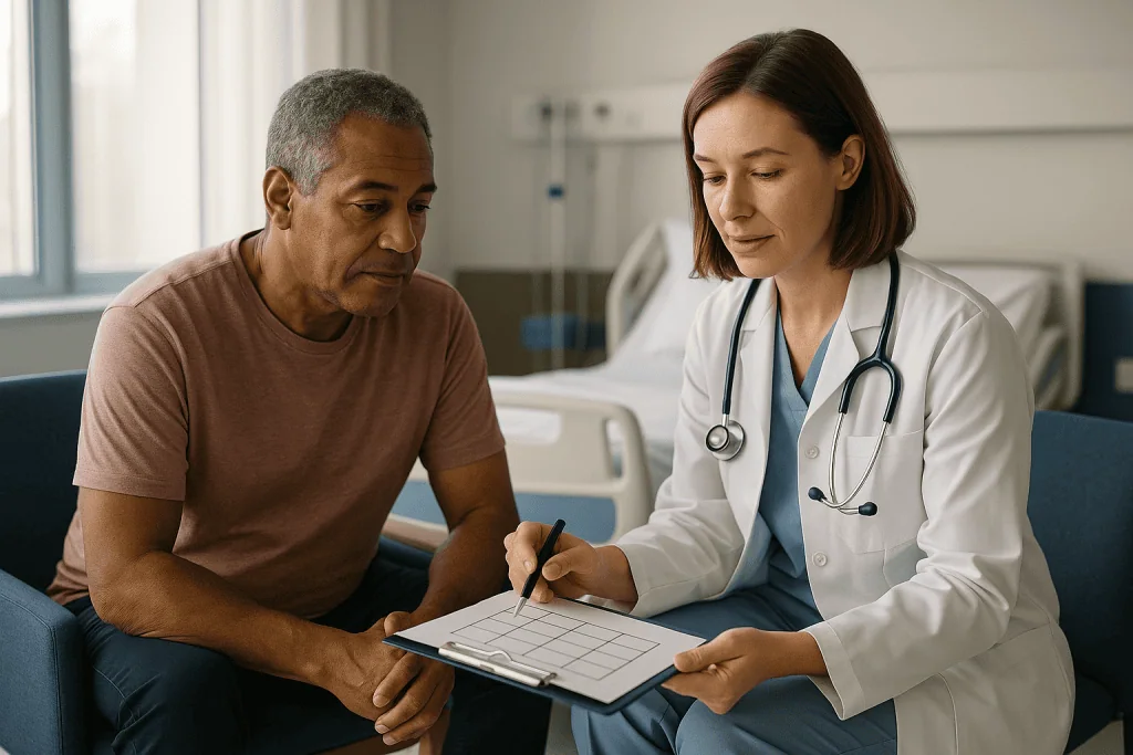 Doctor consulting with male patient, reviewing document: Which approach fits which operation? A comparison table