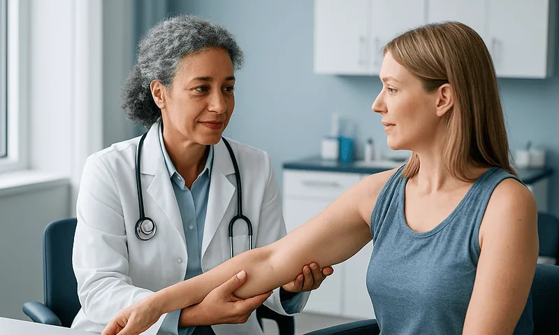 Doctor examining patient's arm in a medical consultation room.