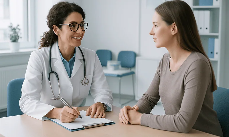 Doctor consulting with a patient in a modern medical office.