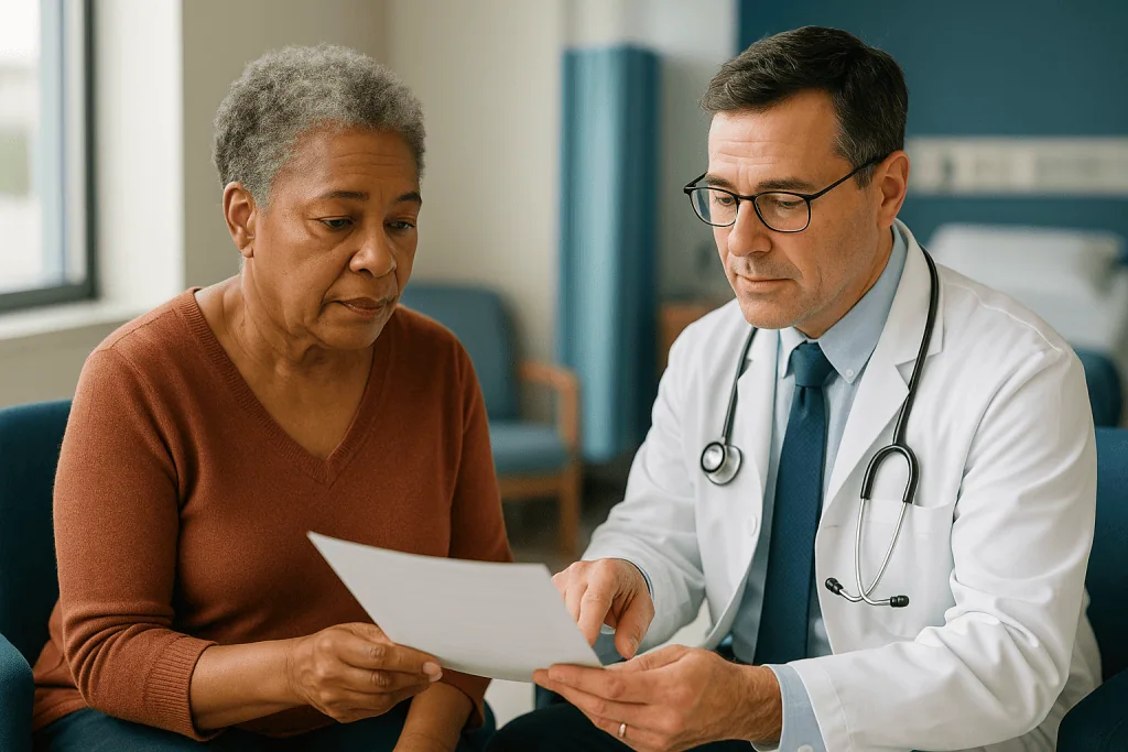 Doctor discussing medical documents with senior female patient: Which bladder problem is on your plan, and why the label mat