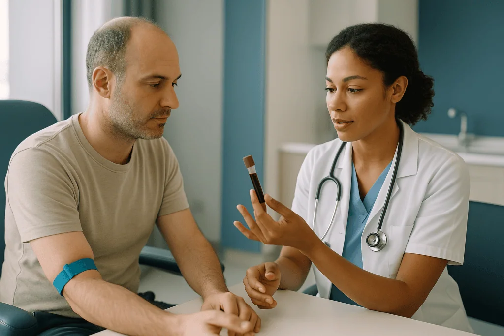 Doctor showing blood test results to male patient: Which blood tests are done before a hair transplant, and why?