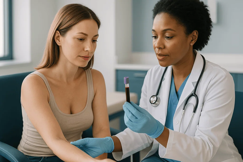 Doctor reviewing blood test results with female patient: Which blood tests before breast surgery are typical, and what does 