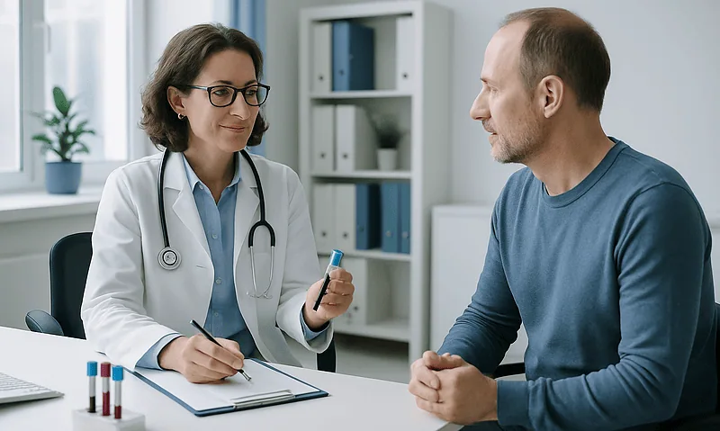 Doctor consulting with patient in a medical office setting.