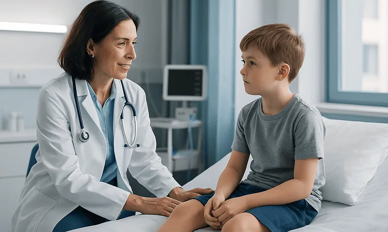 Pediatric doctor examining a young boy in a hospital room.
