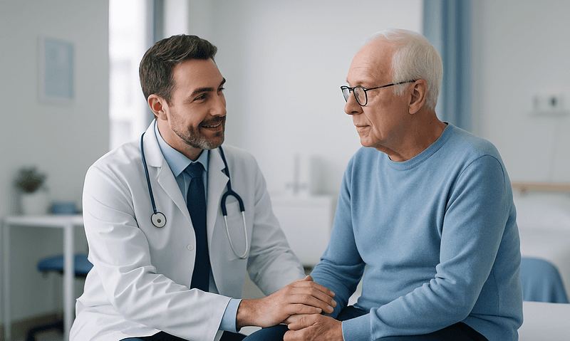 Doctor consulting with elderly patient in a hospital room.