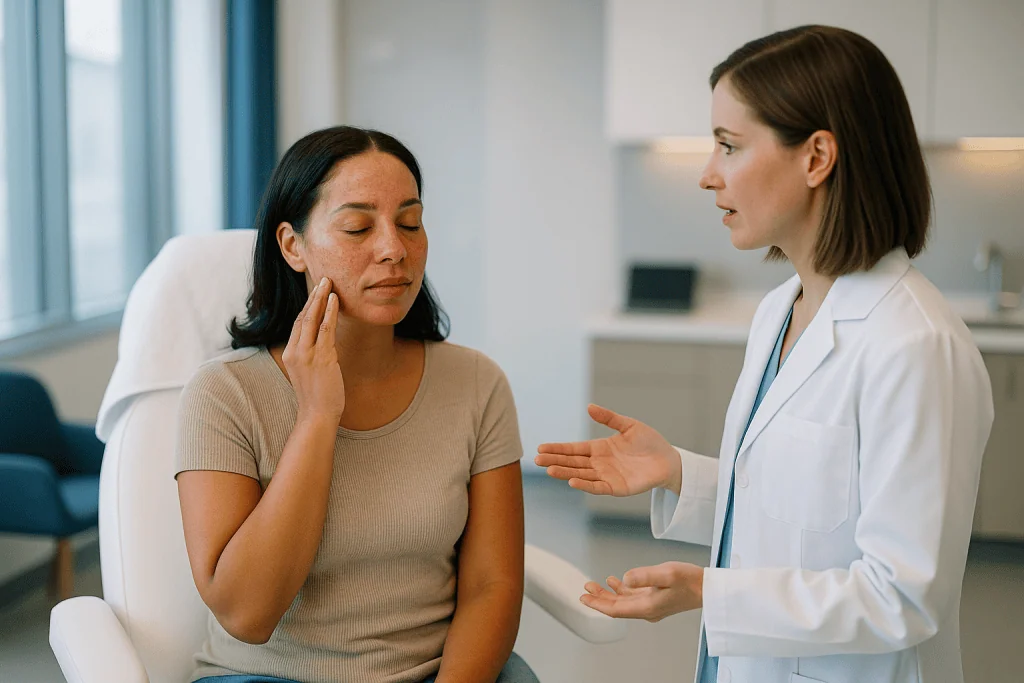 Doctor consulting patient about skin condition in clinic: Which chemical peel side effects are normal in the first week