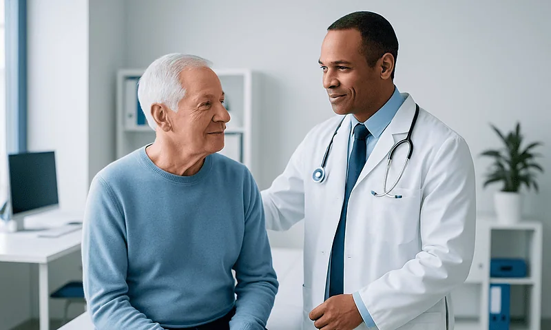 Doctor consulting with elderly patient in a medical office.