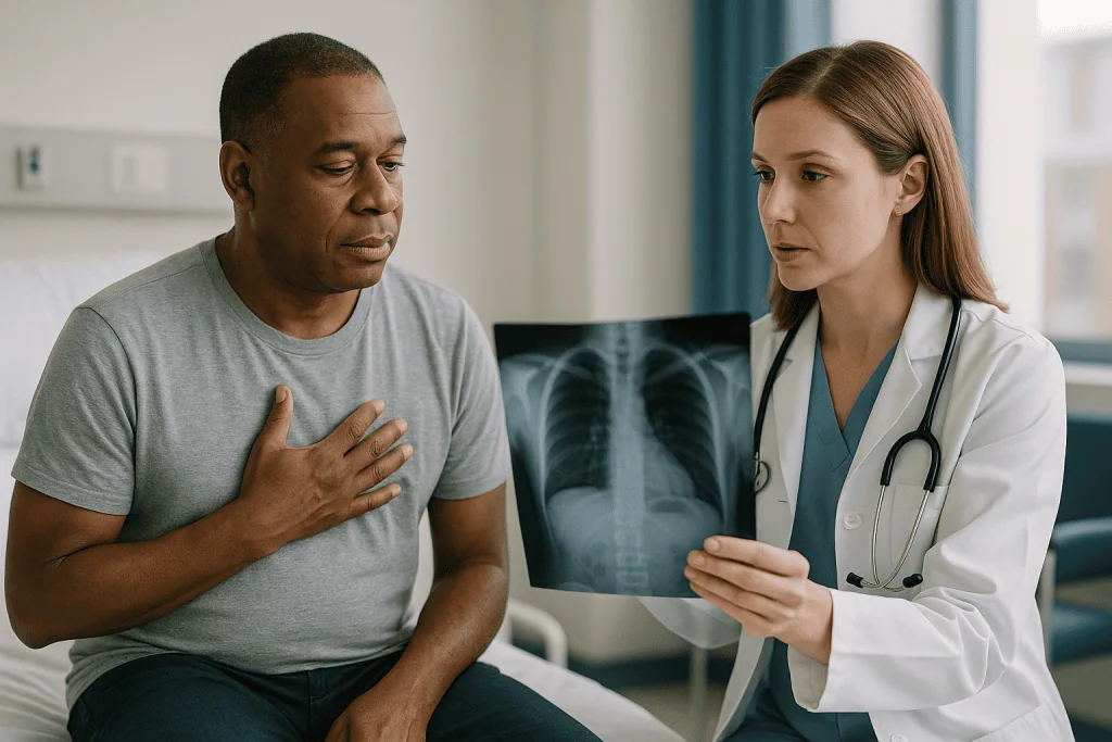 Doctor reviewing chest X-ray with male patient: Which chest imaging and heart tests come first, and why each one matters