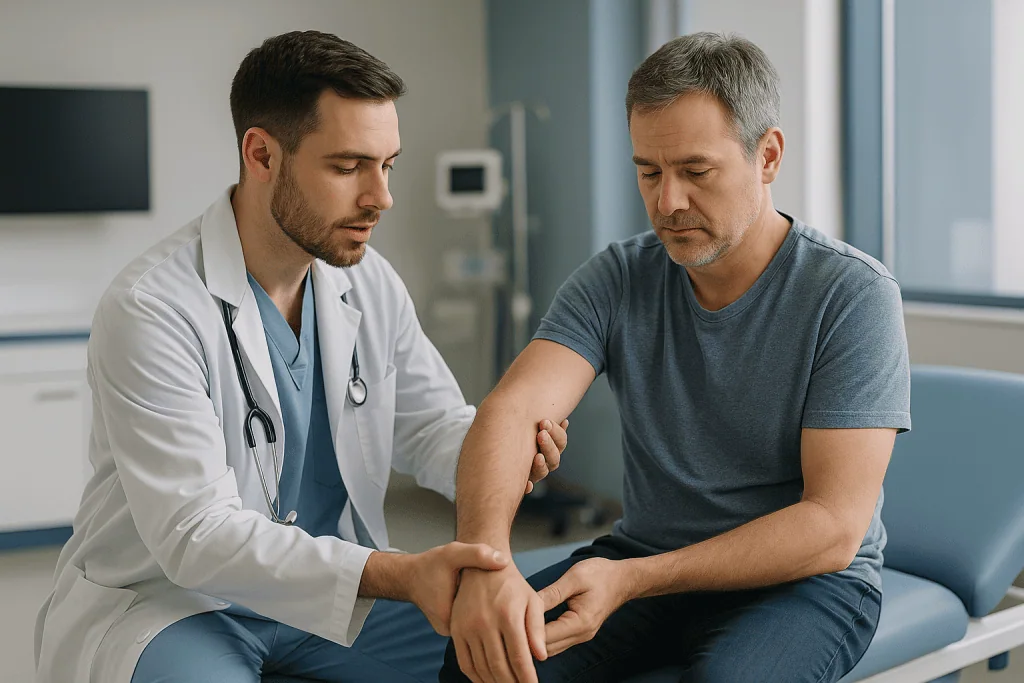 Doctor examining patient's arm and shoulder in clinic: Which closed reduction techniques do emergency teams use, and does th