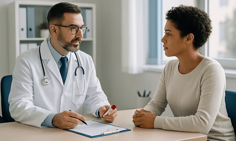 Doctor consulting with a patient about coagulation tests in a medical office.