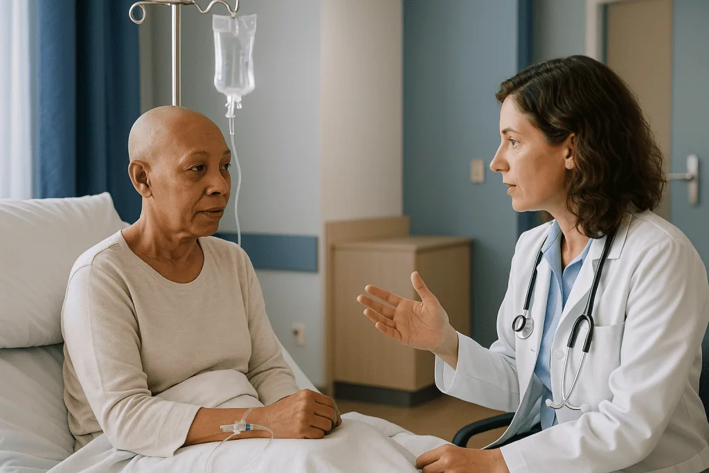 Doctor consulting patient in hospital room with IV: Which conditions usually point to an allogeneic transplant?