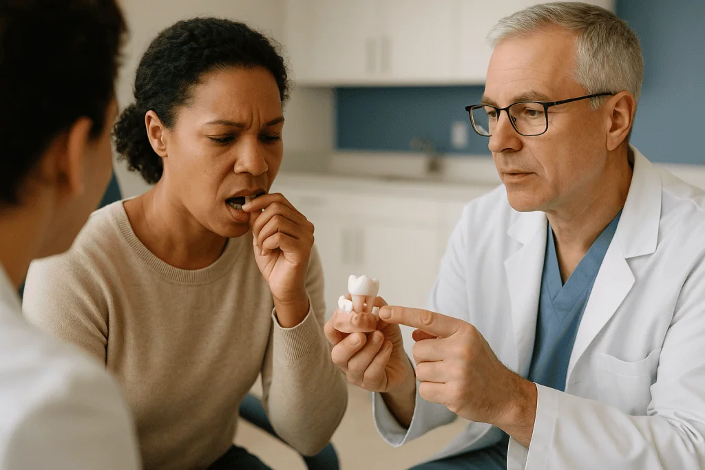 Dentist showing patient dental crown model: Which crown material holds up when you grind your teeth?