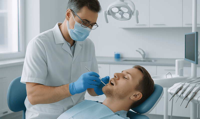 Dentist performing dental treatment on a patient in a modern clinic.