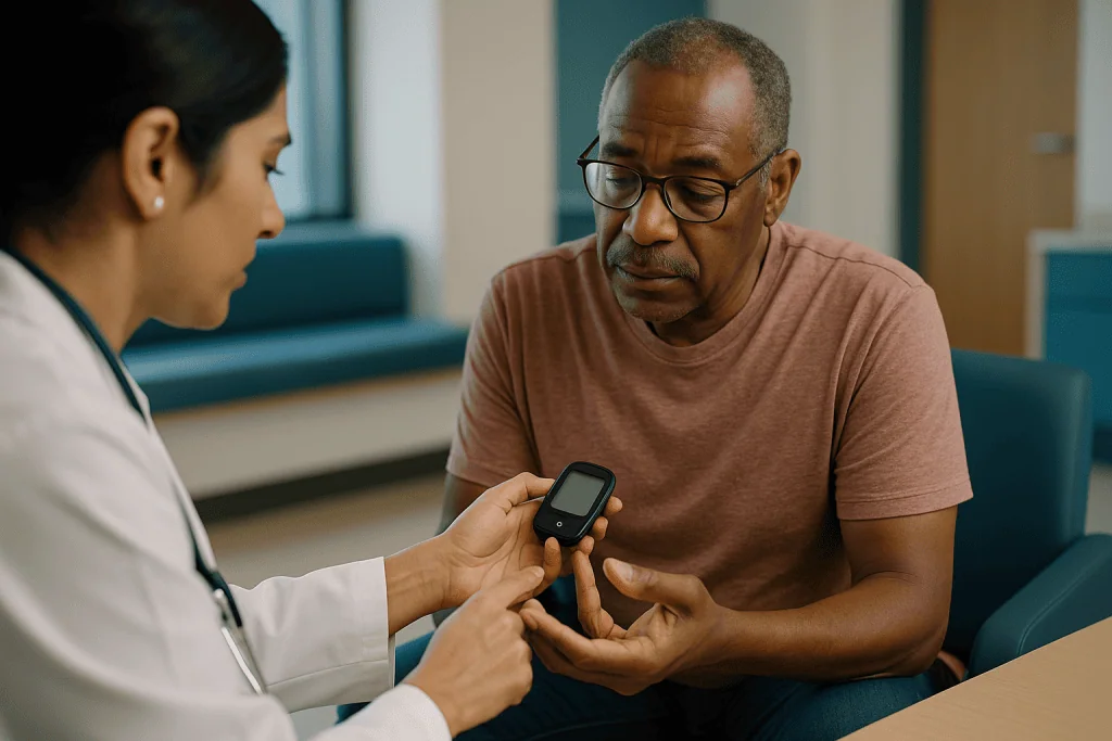 Healthcare provider demonstrating glucose meter to patient: Which diabetic nephropathy screening test matters most?