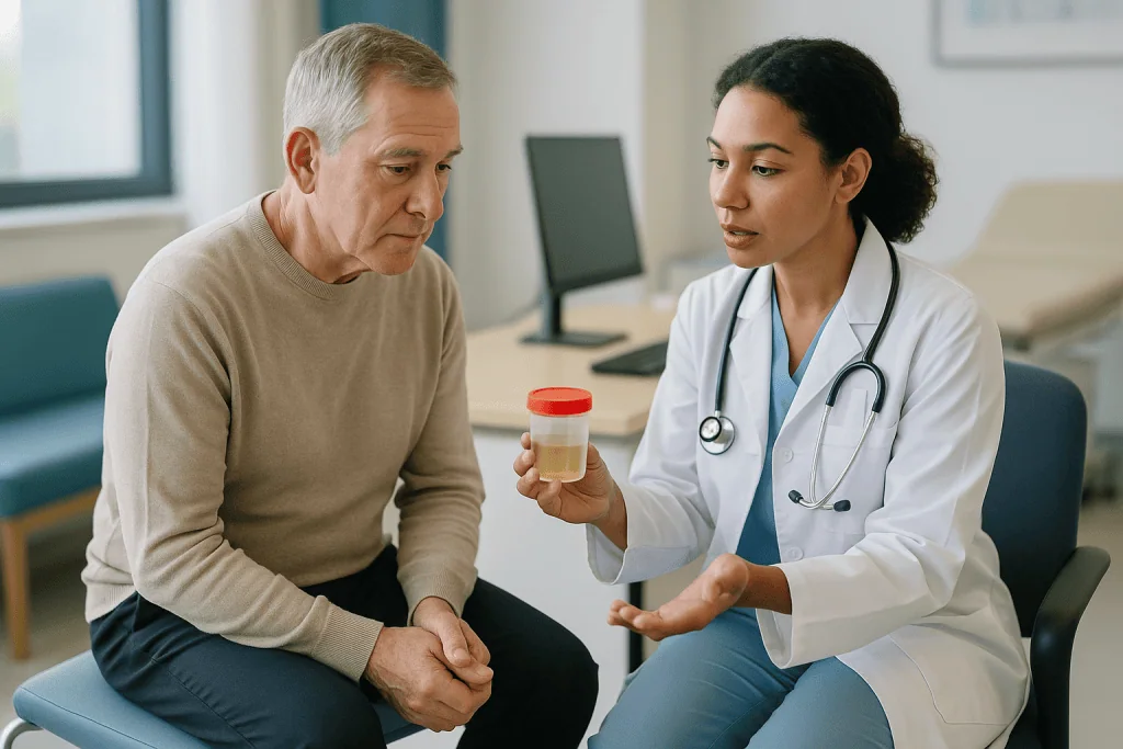 Doctor discussing urine sample with male patient: Which diagnostic tests usually come first for urinary symptoms?
