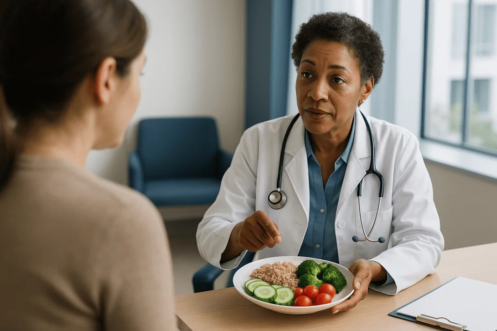 Doctor consulting patient about healthy diet plate: Which diet changes for IBS have the strongest evidence?