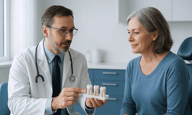Dentist explaining dental restorations to a patient with a model of teeth.