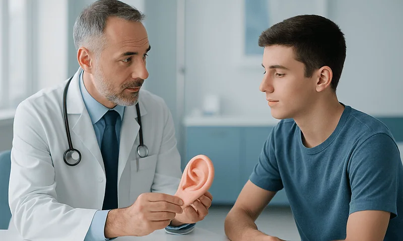 Doctor explaining ear reconstruction options to a patient with a 3D ear model.