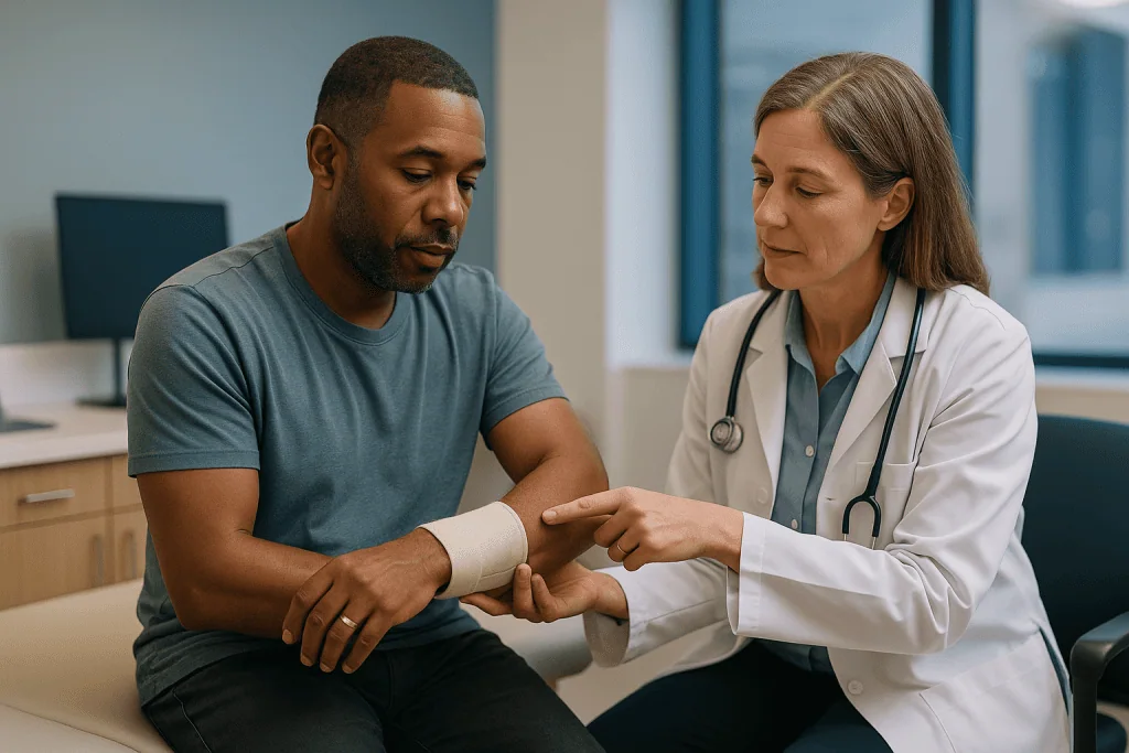 Doctor examining patient's bandaged arm in clinic: Which elbow operations put the ulnar nerve in the spotlight?