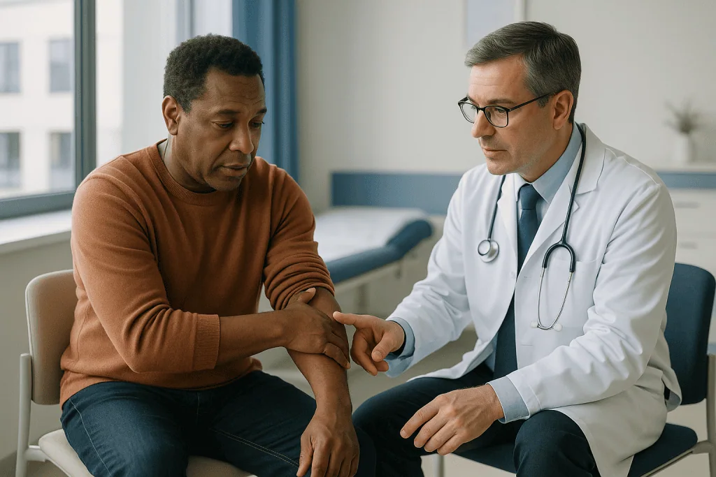 Doctor examining patient's arm in consultation: Which elbow problems usually still need an open approach