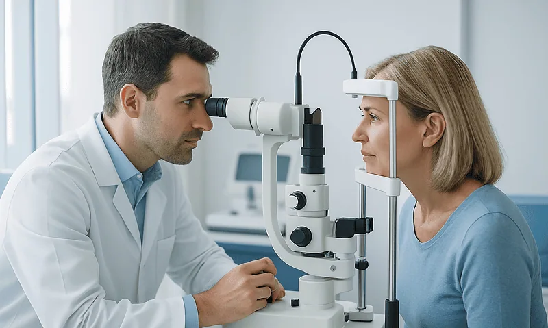 Ophthalmologist examining a patient with a slit lamp in a clinic.