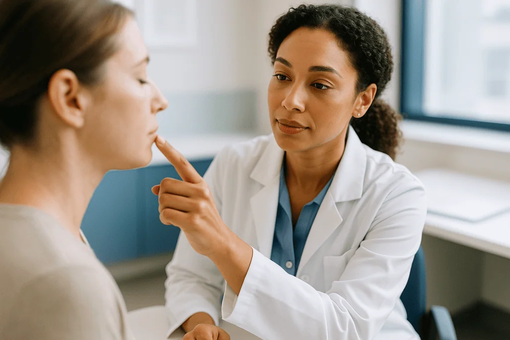 Doctor examining patient's face during consultation: Which filler migrates the most?