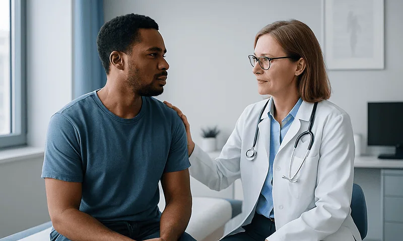 Doctor consulting with a male patient in a medical office setting.