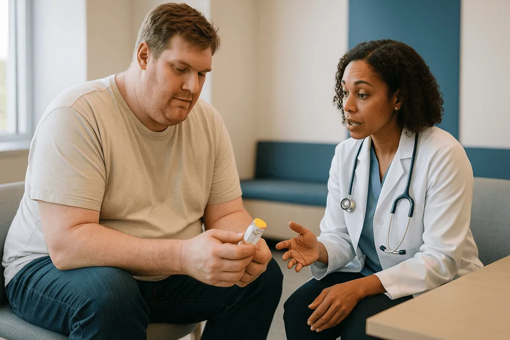 Doctor consulting patient about medication in clinic: Which gigantism treatment options are used when surgery is not enough?