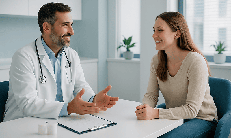 Which Gummy Smile Treatment Fits You? When Orthodontics, Gum Work or Lip Care Is Chosen 8 Doctor consulting with a young woman in a modern clinic setting.